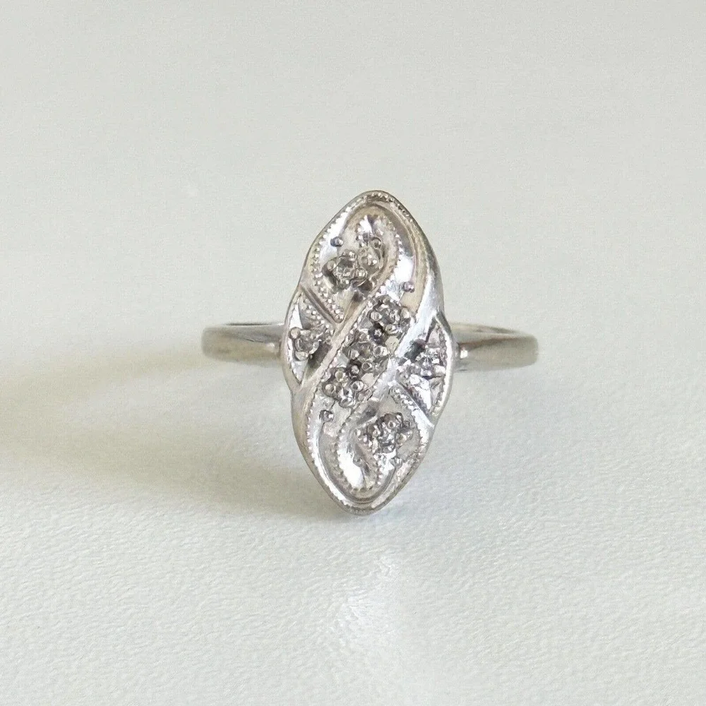 14K Solid White Gold Vintage Antique Deco Style Diamonds Band Ring Size 4.75